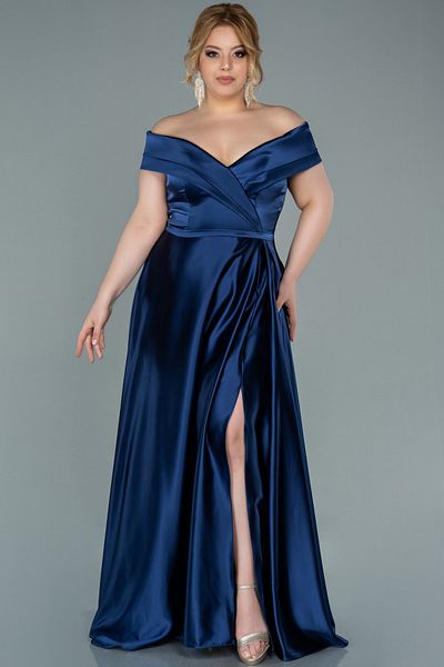 Abiyefon Navy Blue Boat Neck Slit Long Satin Plus Size Evening Dress Abu2355