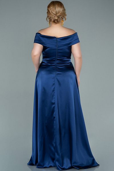 Abiyefon Navy Blue Boat Neck Slit Long Satin Plus Size Evening Dress Abu2355