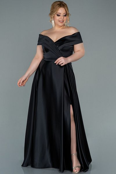 Abiyefon Black Boat Neck Slit Long Satin Plus Size Evening Dress Abu2355