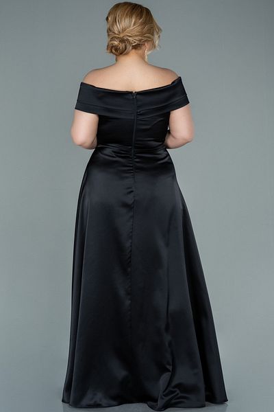Abiyefon Black Boat Neck Slit Long Satin Plus Size Evening Dress Abu2355