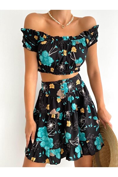 diaves Γυναικείο Σετ φούστα με μπλε τριαντάφυλλο με λεπτομέρεια μαύρο γιακά C...