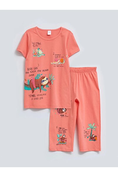 LC Waikiki Mädchen – bedrucktes Kurzarm-Pyjama-Set mit Rundhalsausschnitt