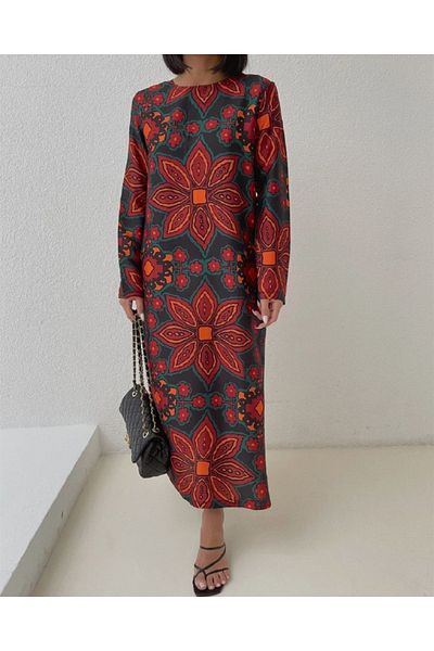 1Moda1Tarz Γυναικείο πολύχρωμο φερμουάρ με στρογγυλή λαιμόκοψη μάξι φόρεμα με μοτίβο λουλουδιών