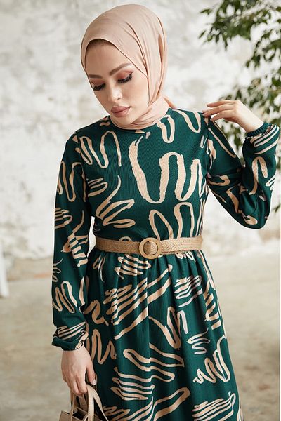 InStyle Φόρεμα με Ζώνη με σχέδιο Vesa - Πράσινο πετρόλ