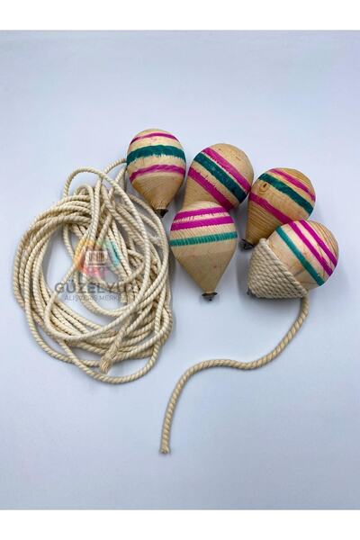 GÜZELYÜZ AVM 5 Adet Ahşap Topaç Nostaljik Oyuncak Doğal Çocuk Oyuncağı 1,5 Metre Ipli Fıtça Oyunu Fırıldak Topacı