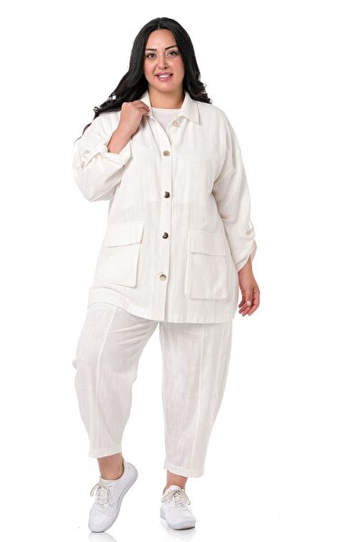 DISENTIS MODEST Jachetă supradimensionată pentru femei, fără căptușeală, din in alb, cu mâneci de dimensiuni mari îndoite și buzunare cu clapă