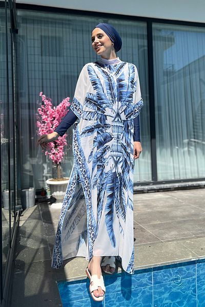 Remsa Mayo Pareo cu model caftan unic pe costum de baie hijab 430-301 albastru maldivian