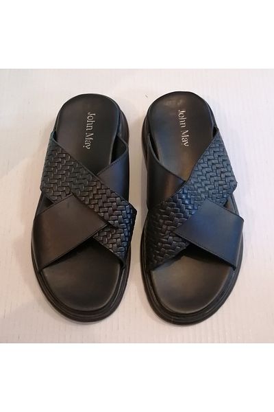 John May Unisex Genuine Leather Black Knit Print Combination Cross Band Rubber Sole Slippers