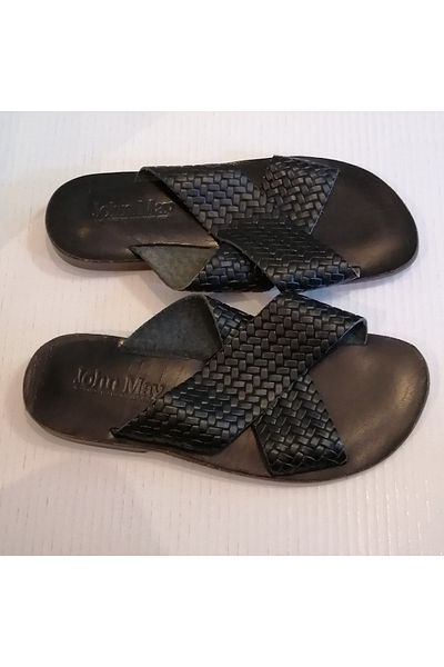John May Unisex Genuine Leather Black Hair Braid Print Cross Banded Genuine Leather Sole Slippers