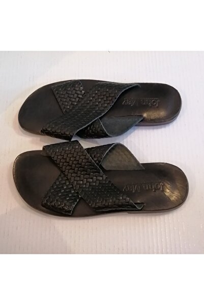 John May Uniseks Hakiki Deri Siyah Saç Örgü Baskı Çapraz Bantlı Hakiki Kösele Tabanlı Terlik