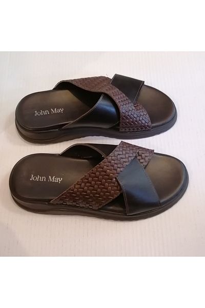 John May Unisex Genuine Leather Brown Knit Print Combination Cross Band Rubber Sole Slippers