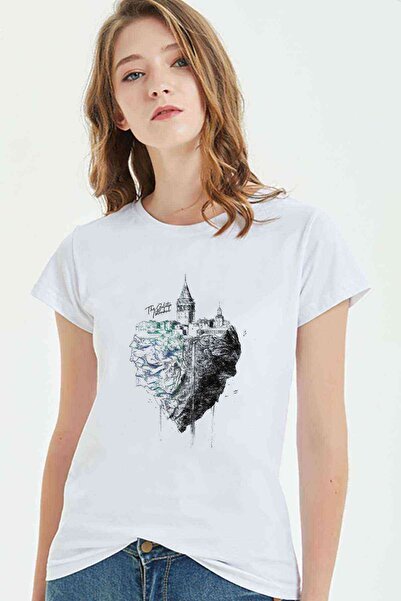 QIVI Tricoul de damă alb cu imprimeu Galata Istanbul