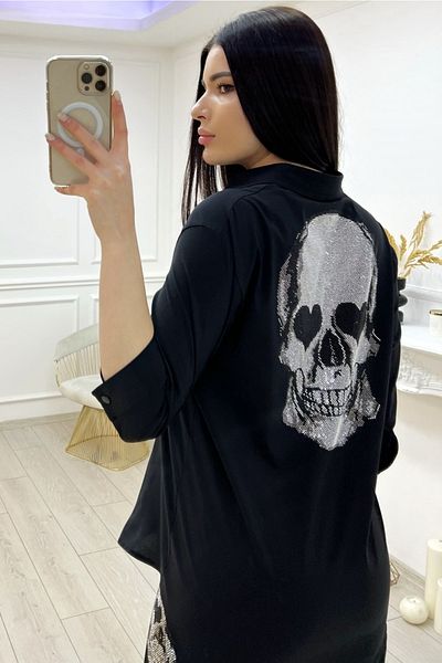 RICH GLAM Cămașă neagră de damă din lycra din bumbac cu piatră de cristal cu craniu