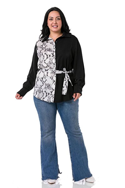 DISENTIS MODEST Черна дамска риза - голям размер, с мотив на змийска кожа, ма...