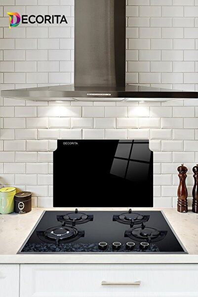 Decorita Cam Ocak Arkası Koruyucu | Şekilli Cam | Düz Renk Siyah | 43,7cm X 53,4cm