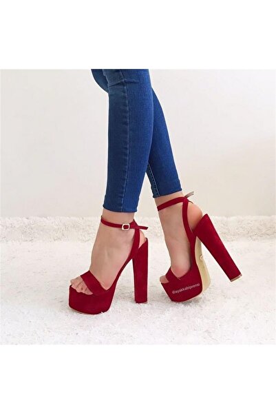 AYAKKABI PRENSİ Gamer Single Strap Dark Red Suede 15 cm Women's Classic Platf...