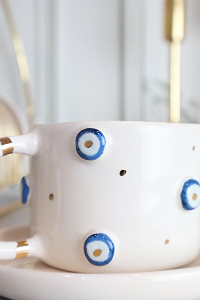 ada mia seramik Nazar Figürlü El 24k Altın Dekorlu Yapımı Seramik Mug 170ml