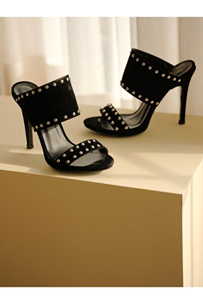 AYAKKABI PRENSİ Lindsey Trok Λεπτομερείς Μαύρες Suede Γυναικείες Παντόφλες 10 εκ., Παντόφλες με τακούνι