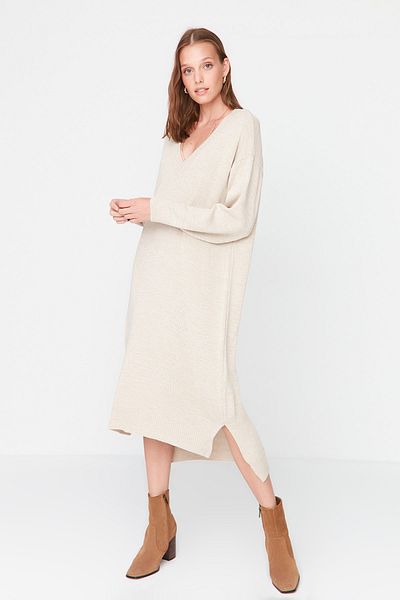Trendyol Collection Maxi Knitwear Stone Color Wide Fit Dress - Twoaw23El00642