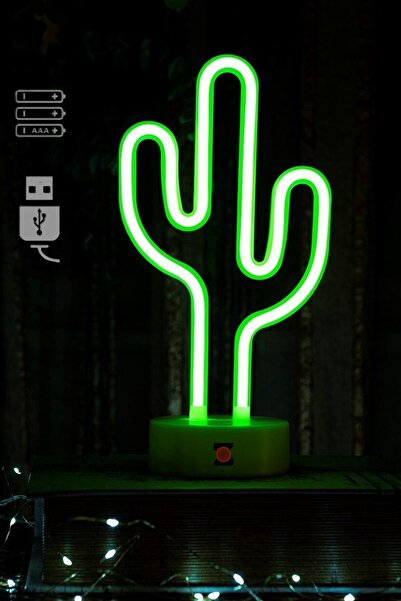 BSTBRANDSHOPPİNGTR Büyük Boy Usb'li Kaktüs Neon Led Işıklı Masa Ve Gece Lambası Yeşil Dekoratif Aydınlatma