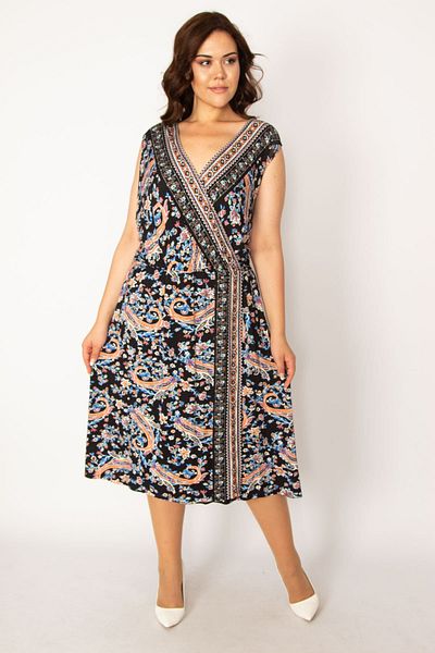 Şans Women's Large Size Colorful Shawl Pattern Closed Wrap Dress 65n33625
