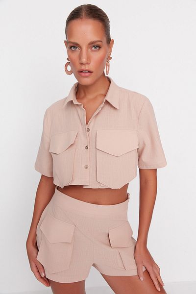 Trendyol Collection Beige Woven Pocket 100% Cotton Shirt Shorts Beach Suit Tbess22Au00007
