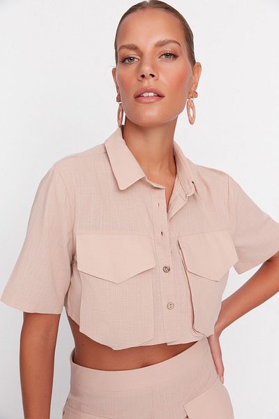Trendyol Collection Beige Woven Pocket 100% Cotton Shirt Shorts Beach Suit Tbess22Au00007