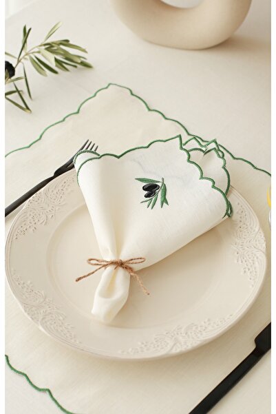 KM Home Collection 4'lü Bahar Serisi Zeytin Temalı %100 Keten Peçete 40 X 40 Cm