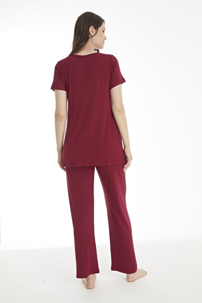 Miss Dünya Lissa Claret Red Lace Detailed Maternity and Pregnant Pajamas Set with Dressing Gown