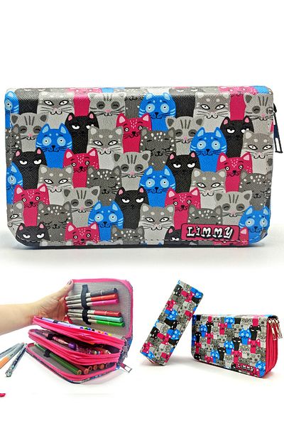 Limmy Μολυβοθήκη Cute Cats Kawai Organizer Τριών Διαμερισμάτων Μολυβοθήκη