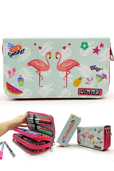 Limmy Double Flamingo Patterned Modelist Pencil Case Pen Box Vegan Leather Three Compartment Pen Holder