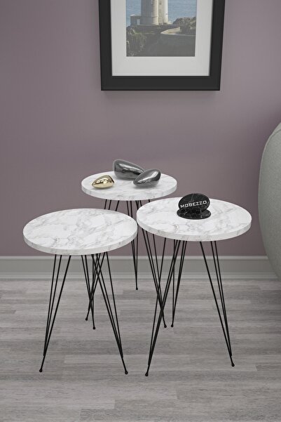 Mobezzo 3’lü Zigon Sehpa Takımı | Siyah Metal Ayaklı Modern Yan Sehpa | Salon Dekoru Beyaz Mermer