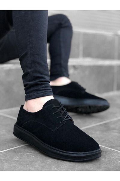 İwie Lace-Up Suede Classic Black High Sole Casual Men's Shoes Ba0003