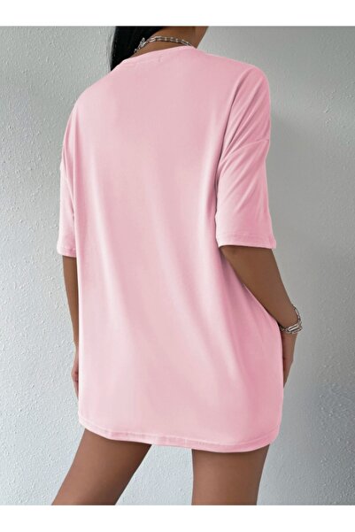 AFROGİYİM Γυναικείο μπλουζάκι Oversize με στάμπα ροζ πράσινη πεταλούδα