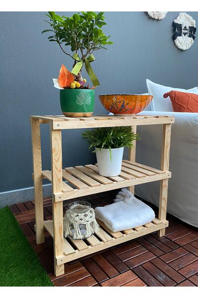 webotto 8 Masif Ahşap 3 Raflı Çiçeklik Balkon Bahçe Saksılık Naturel Saksı St...