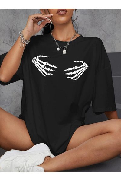 AFROGİYİM Tricou oversize imprimat manual cu schelet negru de damă