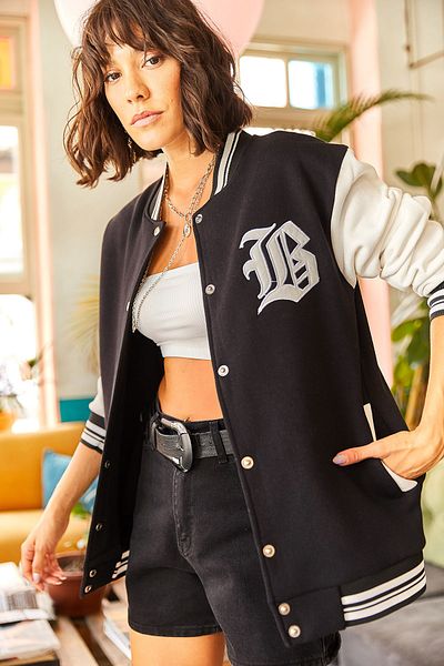 Olalook Woman's White-Black Letter Applique Pocketed 3 Rope Raised Oversize College Jacket CKT-19000307