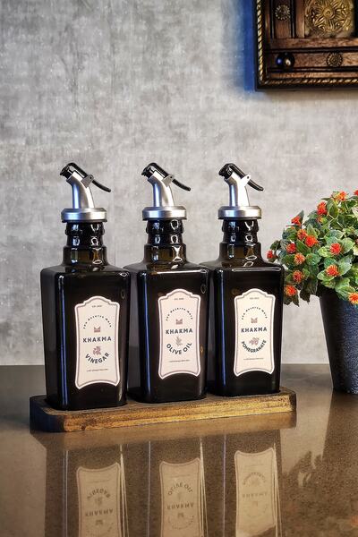 KHAKMA Black Amber 3-Piece Italian Olive Oil Bottle with Wooden Stand Oil Pot Oil Bowl New Year's Eve