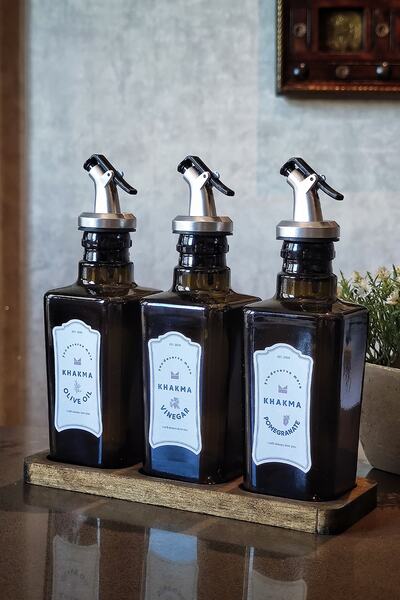 KHAKMA Black Amber 3-Piece Italian Olive Oil Bottle with Wooden Stand Oil Pot Oil Bowl New Year's Eve