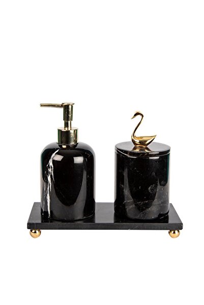 MIARIK DESIGN & DEKORASYON Dekoratif Sıyah Mermer Gold Kuğu Detaylı 3 Lu Bany...