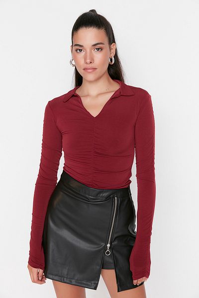Trendyol Collection Claret Red Slim Gathered Polo Neck Flexible Knitted Blouse TWOAW23BZ00249