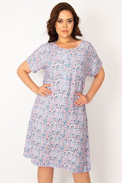 Şans Dámské velké baby blue tkané šaty z viskózové tkaniny s páskem v pase na knoflíky 65n33614