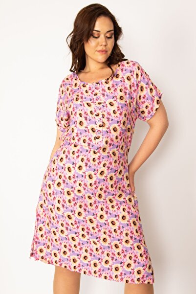 Şans Γυναικείο Μεγάλο Μέγεθος Πολύχρωμο Υφασμάτινο Ύφασμα βισκόζης μπροστά με κουμπιά ζώνη μέσης φόρεμα 65n33614