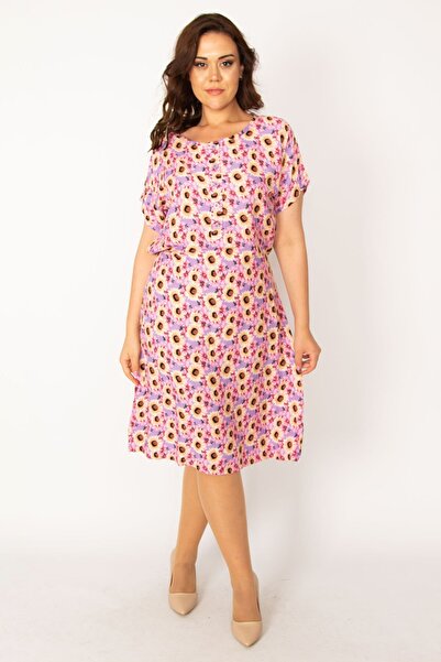 Şans Γυναικείο Μεγάλο Μέγεθος Πολύχρωμο Υφασμάτινο Ύφασμα βισκόζης μπροστά με κουμπιά ζώνη μέσης φόρεμα 65n33614