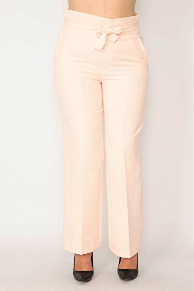 Şans Women's Large Size Pink Waist Tie Belt Side Hidden Zipper Trousers 65n33793
