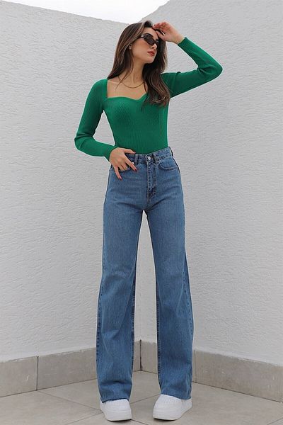 Trn JNS Medium Blue Lycra Super High Waist Loose Jeans Palazzo Trousers Wide Leg