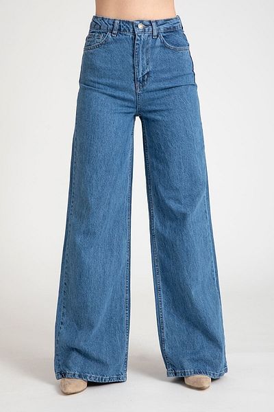 Trn JNS Medium Blue Lycra Super High Waist Loose Jeans Palazzo Παντελόνι Φαρδύ Μπούτι