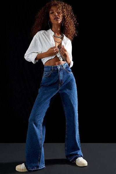 Trn JNS Medium Blue Lycra Super High Waist Loose Jeans Palazzo Trousers Wide Leg