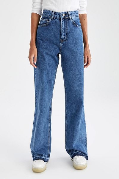 Trn JNS Medium Blue Lycra Super High Waist Loose Jeans Palazzo Trousers Wide Leg