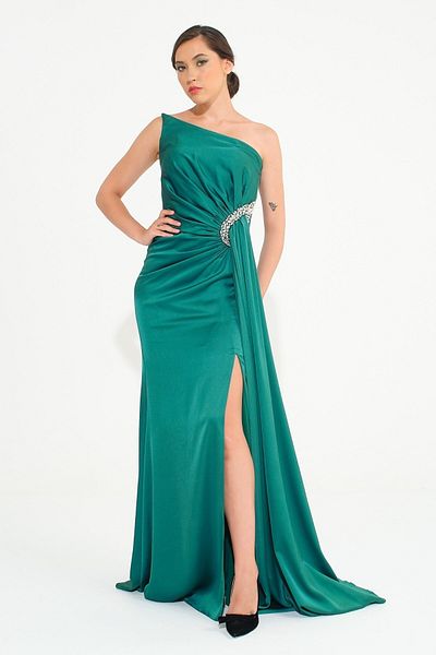 SpringStore Rochie de seară cu detalii de piatră fără bretele de smarald
